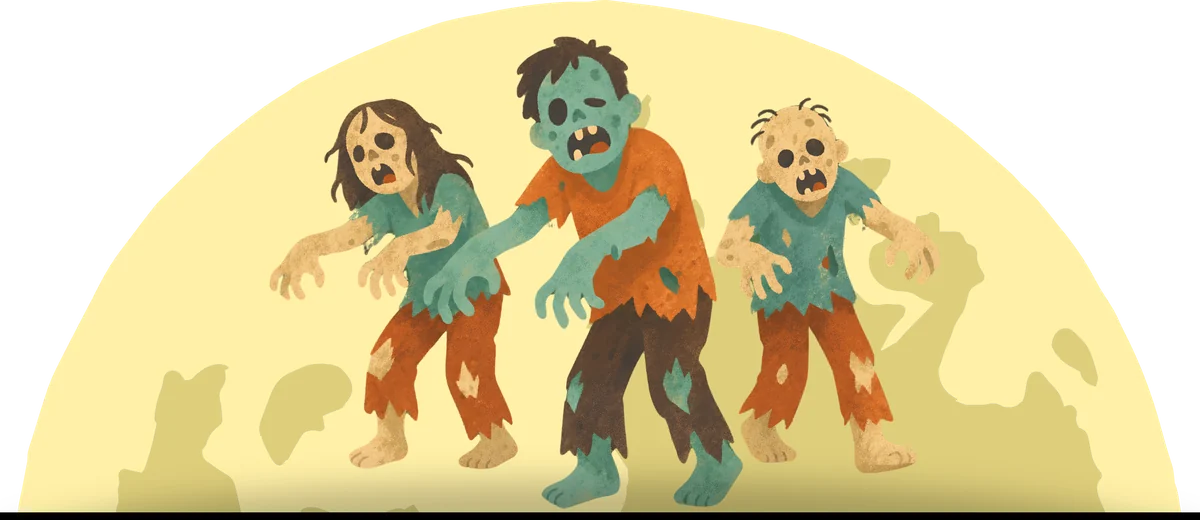 Three cartoon zombies shuffling in front of a full moon